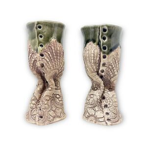 Hand Thrown Art Studio Pottery Decorative Goblet Mug Glaze Abstract Set of 2